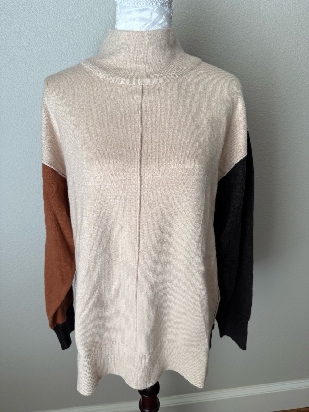 Lush Cream Colorblock Mock Neck Sweater with Brown & Black Sleeves